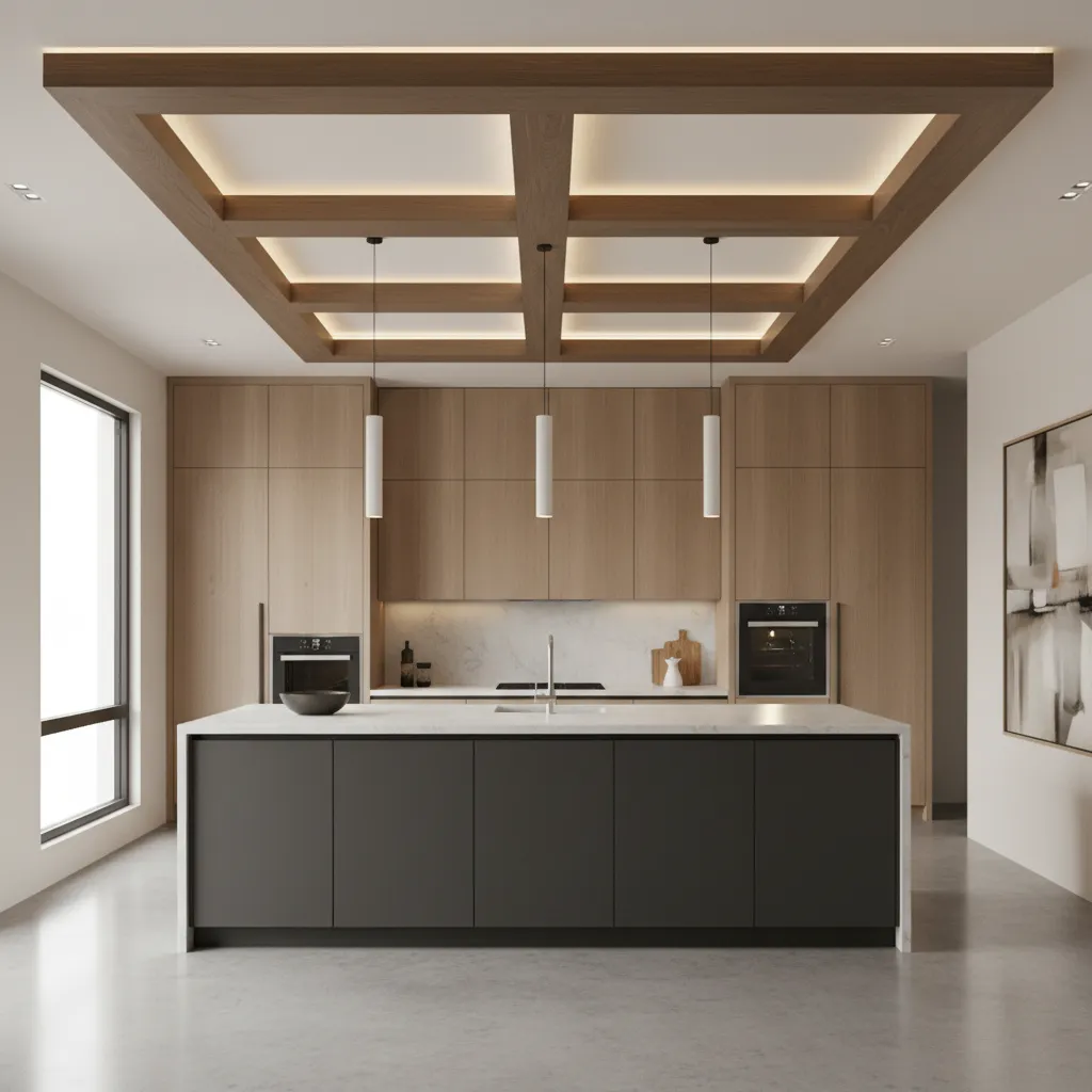 finished modern kitchen with elegant two tone ceiling boxing