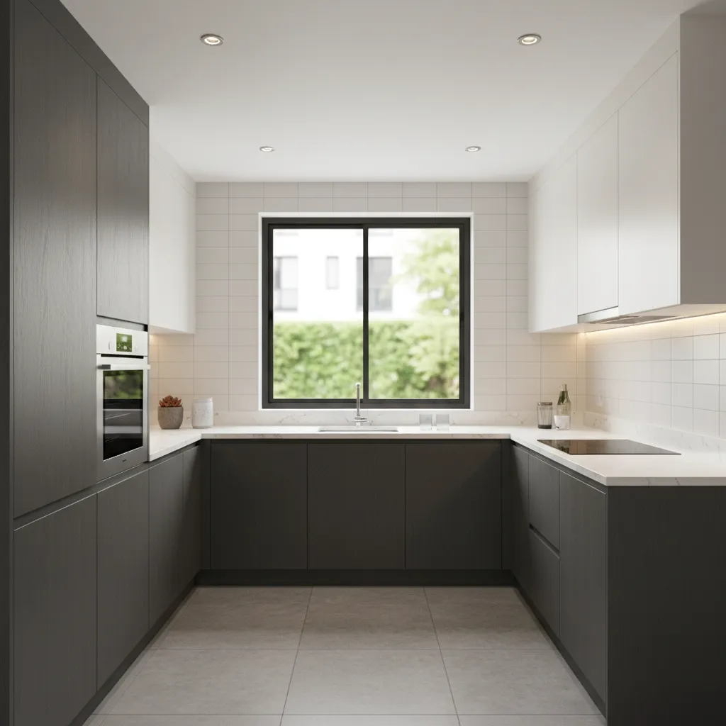 Modern small U shaped kitchen with two tone cabinets and under cabinet lighting