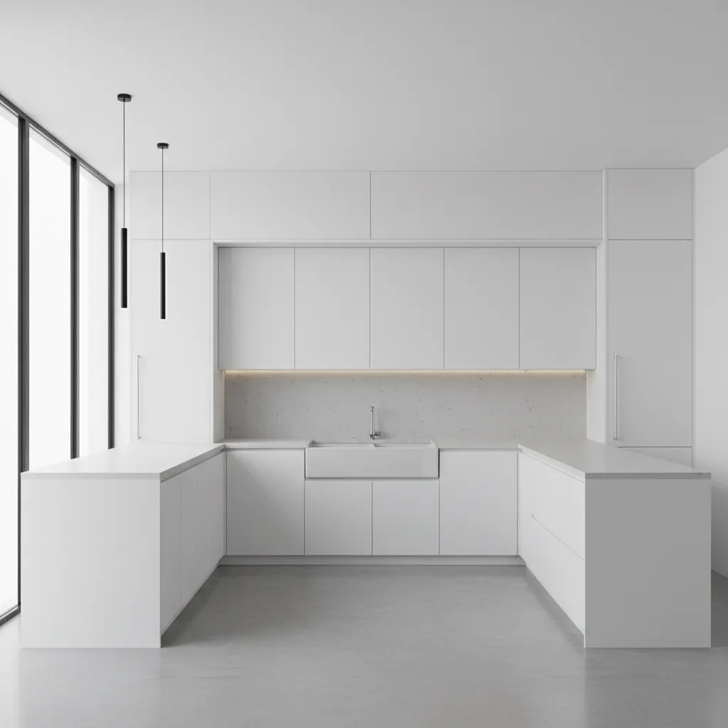 All white modern kitchen with U-shaped cabinets marble wall sink and two black ceiling lights