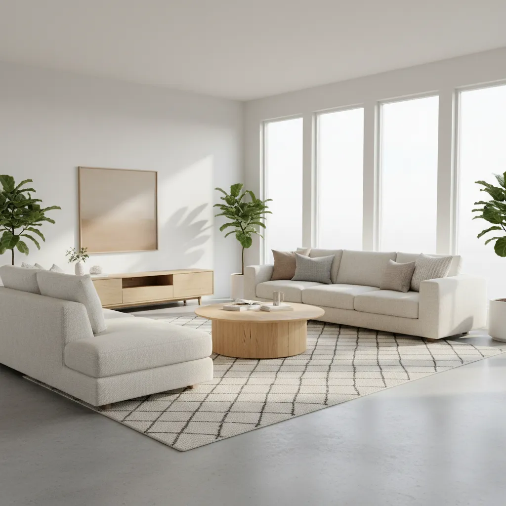 Bright living room with modern U shaped sectional sofa and large rug