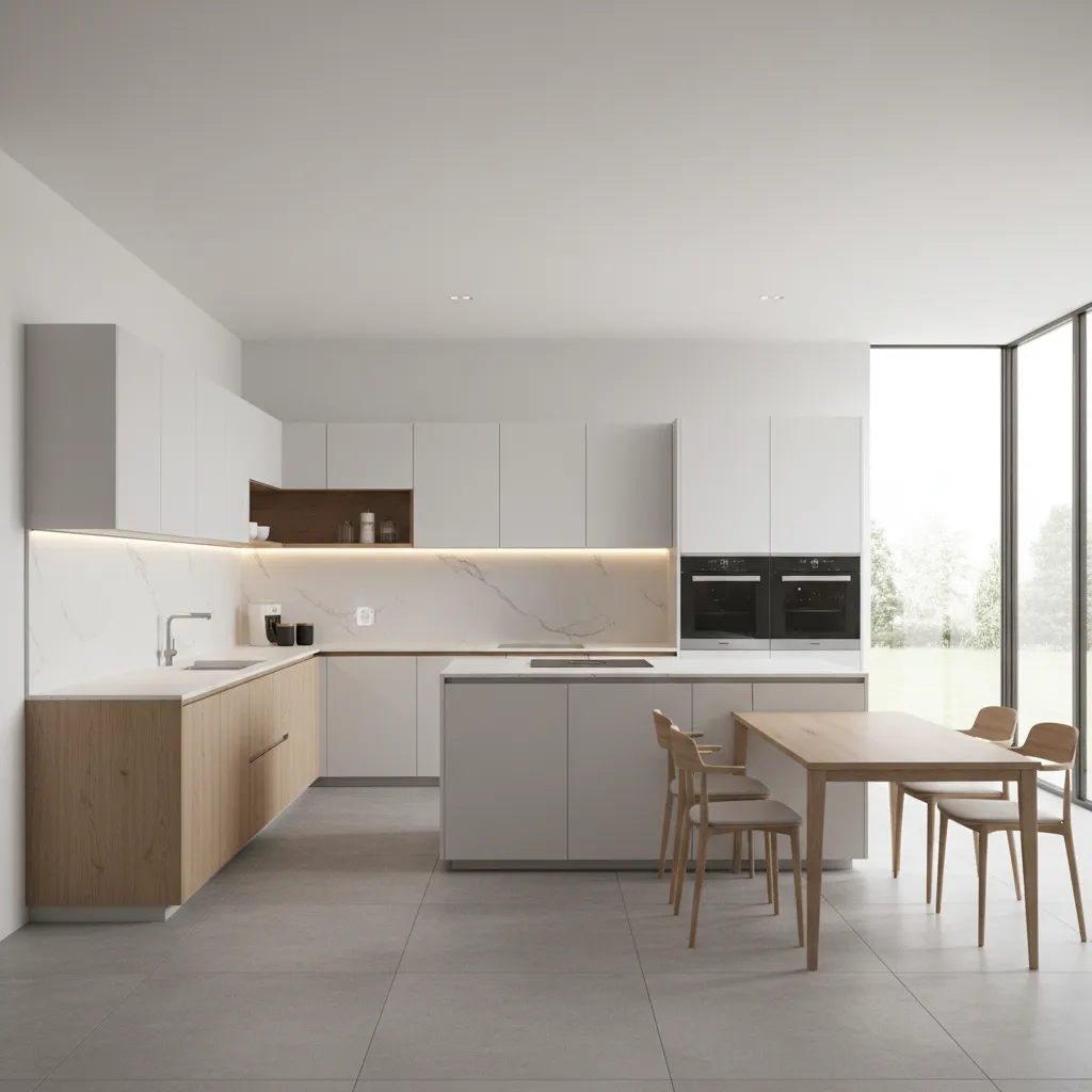 Bright kitchen with wood cabinets white island wooden dining table four chairs and large windows