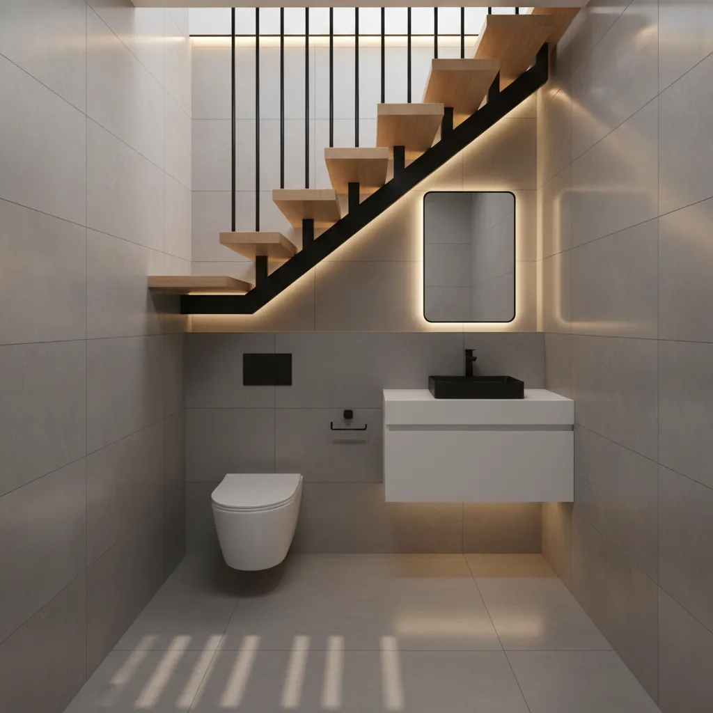 Modern grey bathroom under stairs featuring white cabinet black sink backlit mirror and white toilet