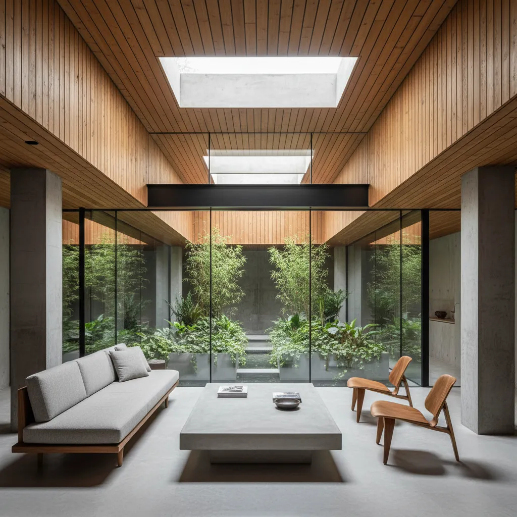 Modern living room with wood ceiling grey sofa two wooden chairs coffee table and indoor garden