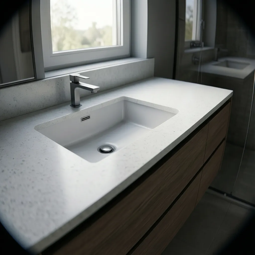 modern bathroom vanity with undermount sink and quartz countertop