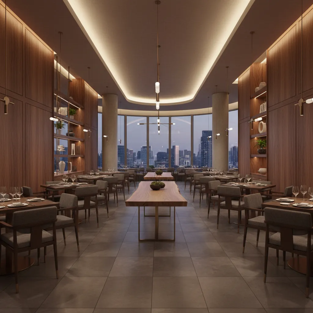 Modern upscale restaurant dining room with warm lighting