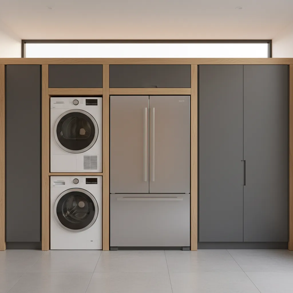 Modern utility room with integrated appliances including refrigerator and laundry machines