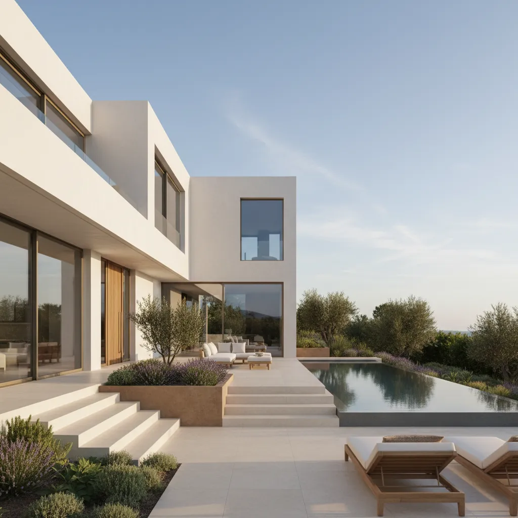 Exterior de una casa moderna en Valencia con jardín y ventanales