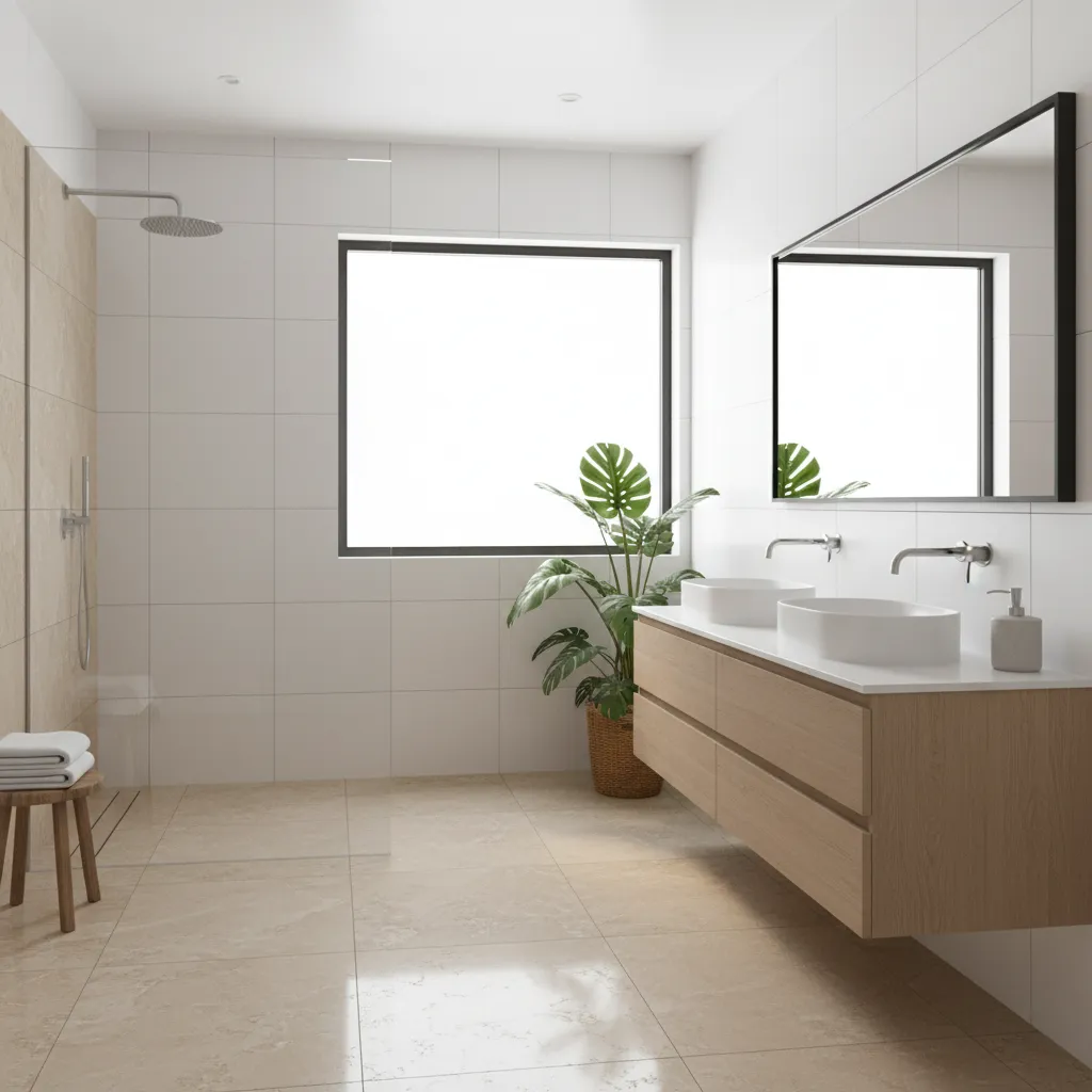 Bright modern bathroom with beige and white tiles and natural lighting