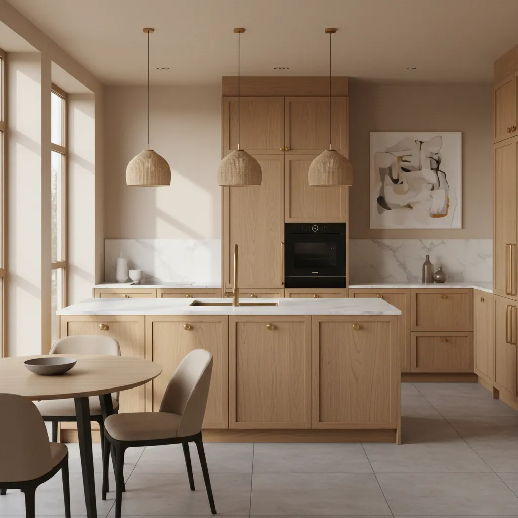 modern kitchen with warm neutral palette and natural materials