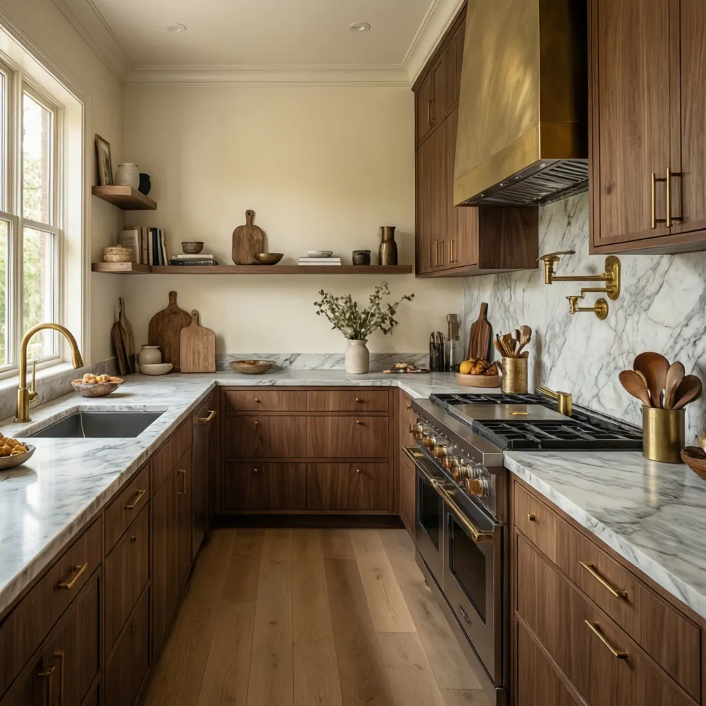 Modern kitchen combining neutral walls and warm wood cabinets