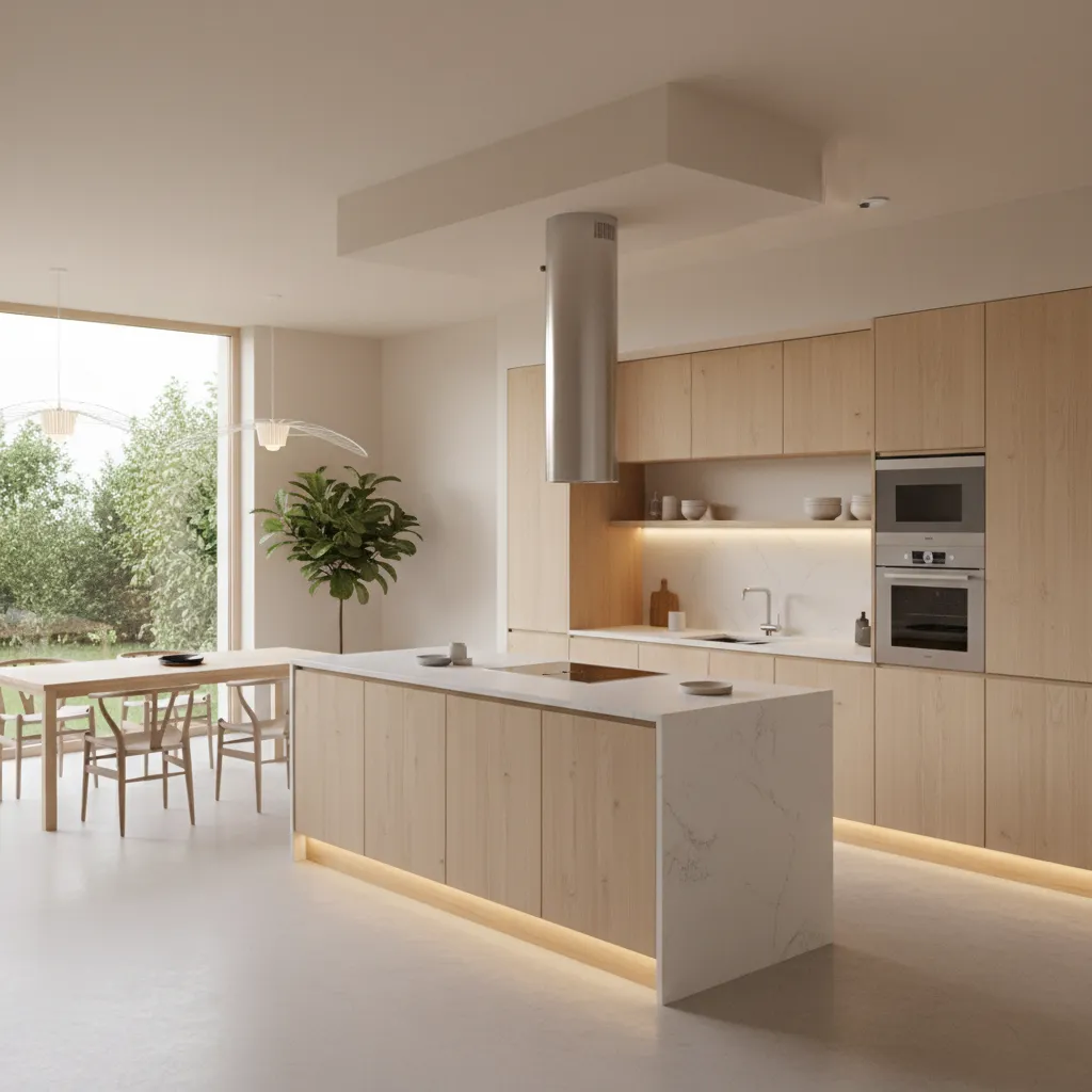 Modern kitchen using warm neutral colors and wooden accents