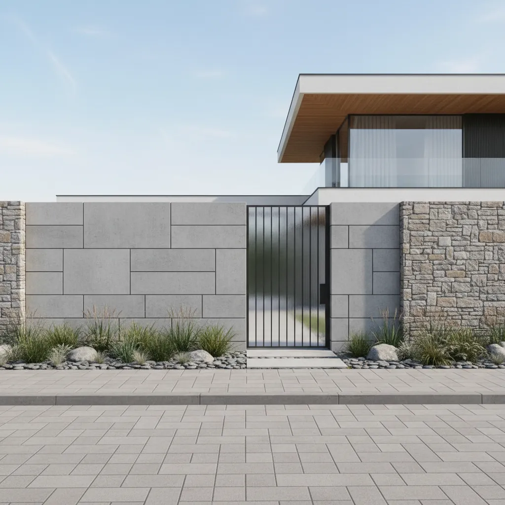 Street view of a modern villa with stylish boundary wall and gate
