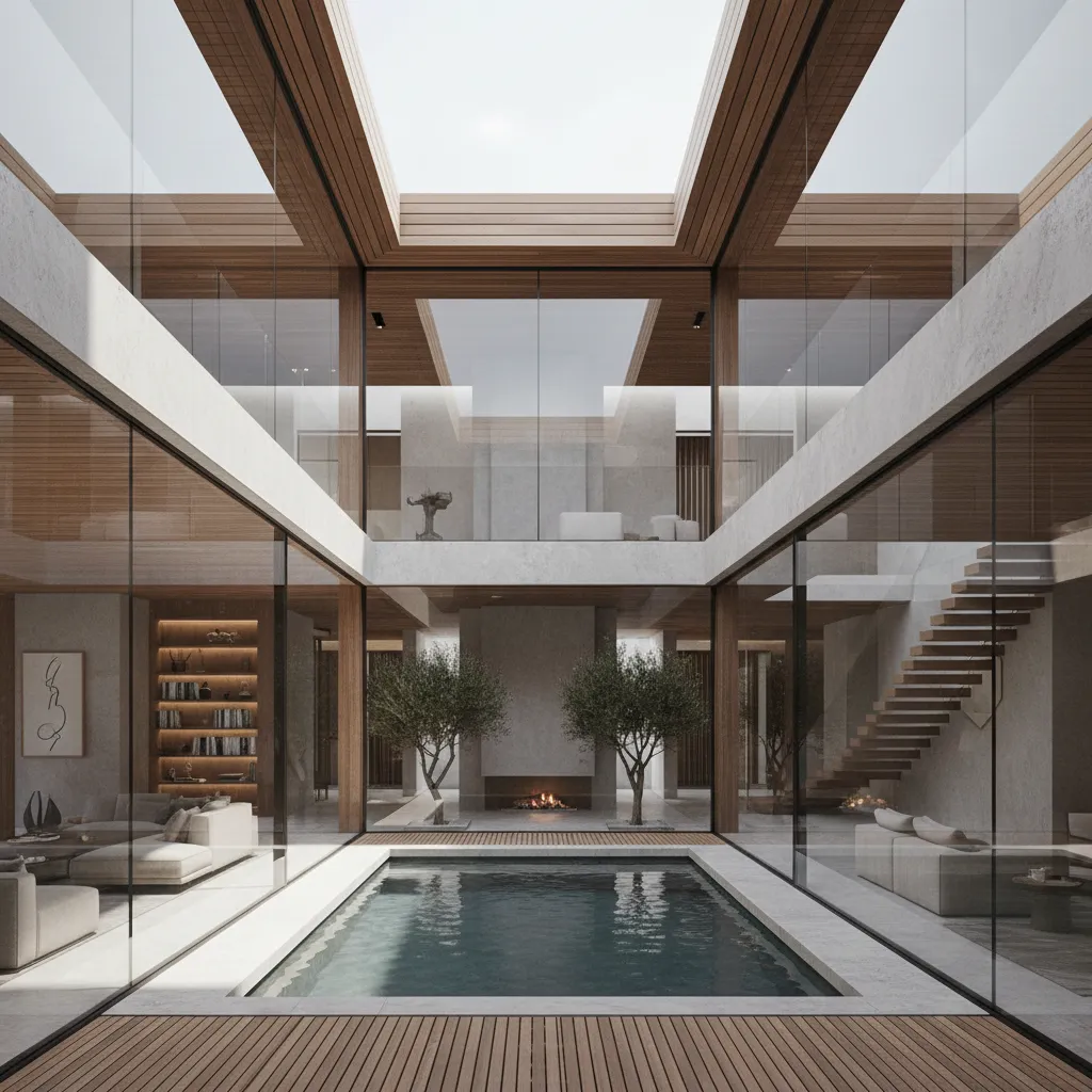 Villa moderna con patio interior y piscina central