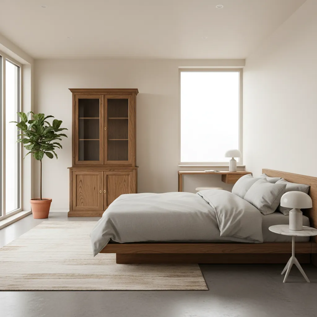 minimalist bedroom combining modern furniture with vintage display cabinet