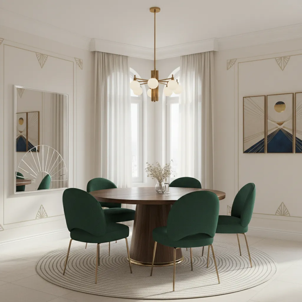Modern vintage dining room inspired by 1920s design with velvet chairs and brass lighting