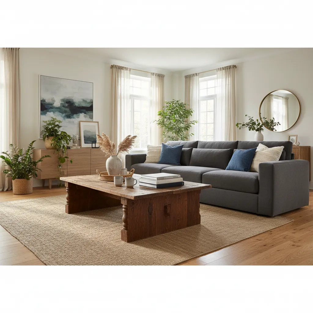 Living room with dark grey sofa, wooden table, jute rug, green plants, and two windows
