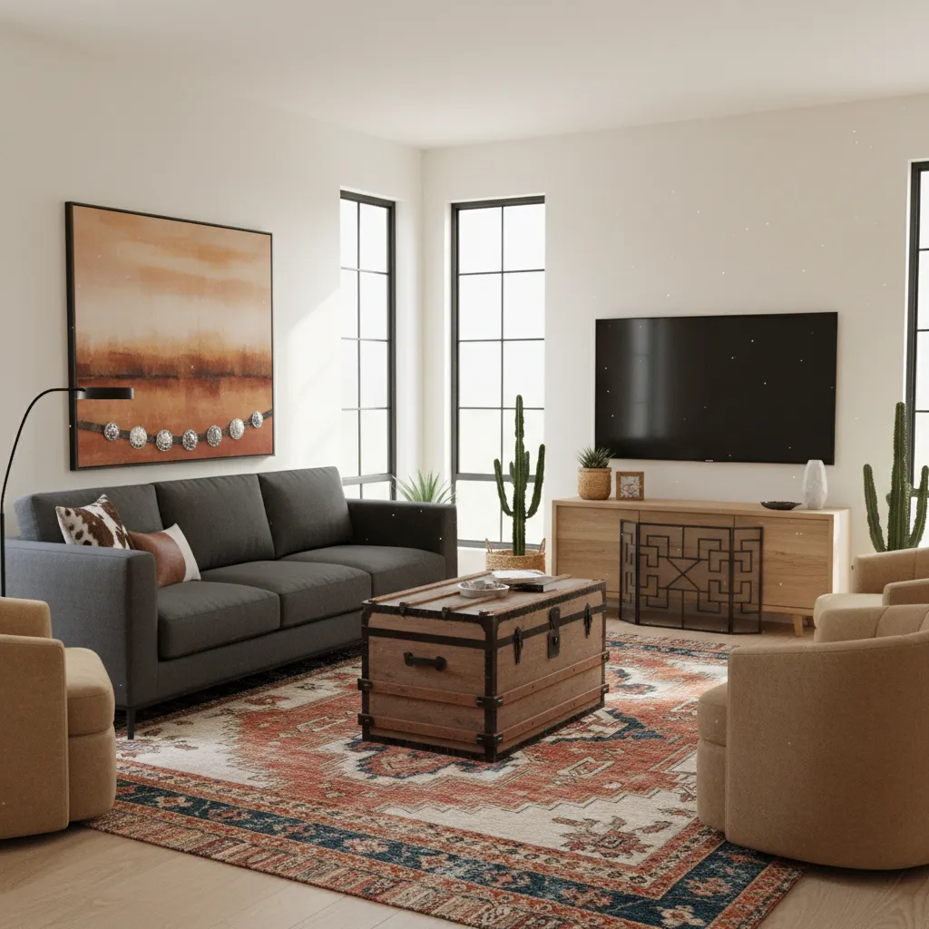modern living room blending vintage western rug and trunk table with modern sofa