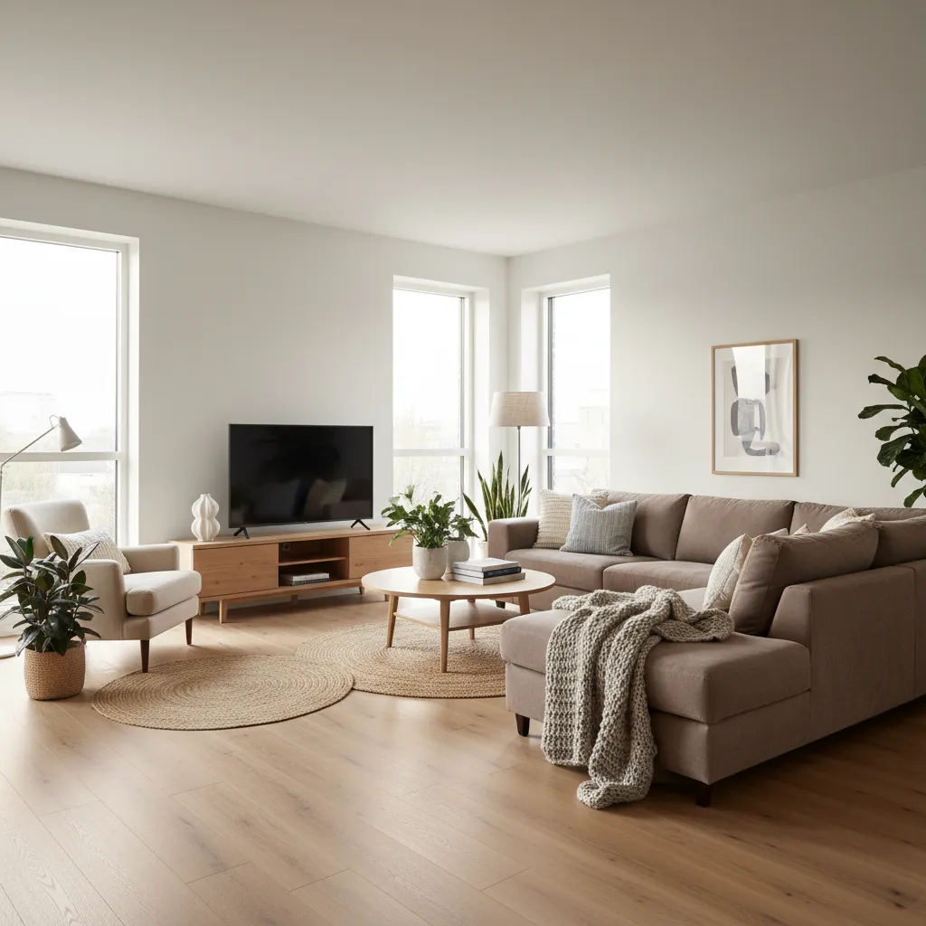 Salón moderno con suelo vinílico efecto madera