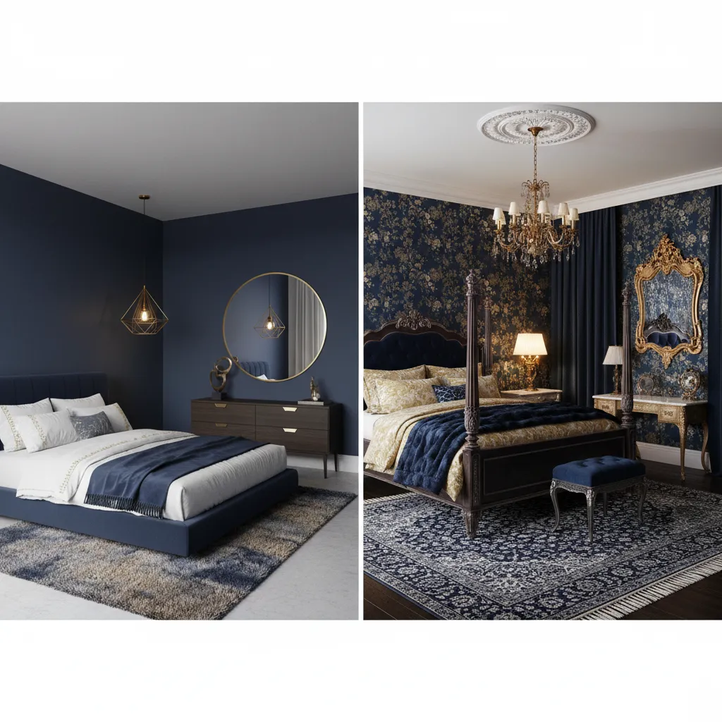 Comparison of modern and classic navy and gold bedroom interior styles