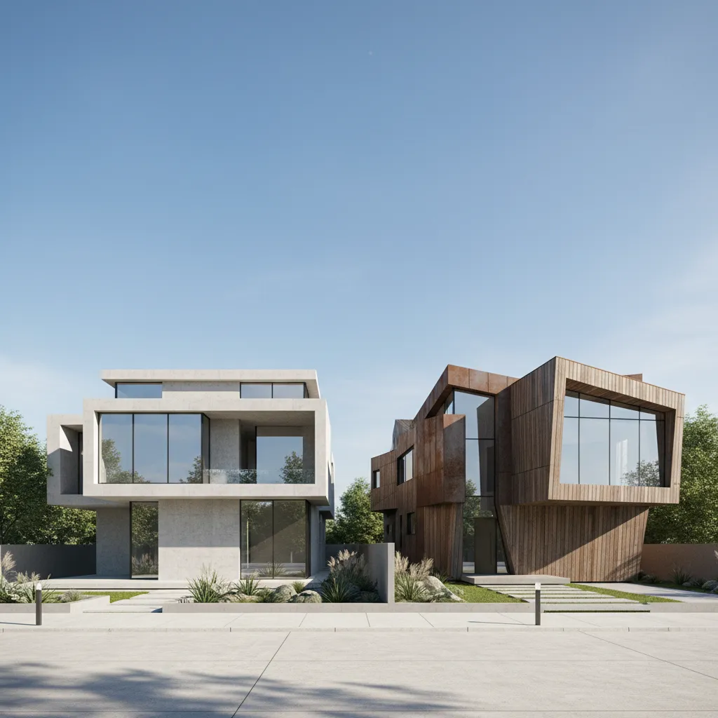 Comparison showing geometric modern house next to expressive contemporary architecture