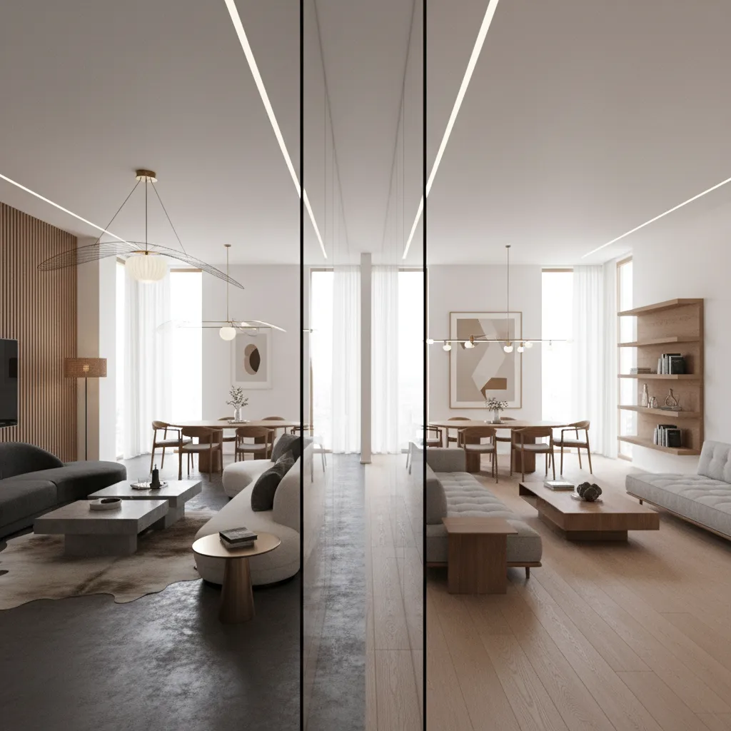 3d rendered comparison of modern and contemporary home interior spaces