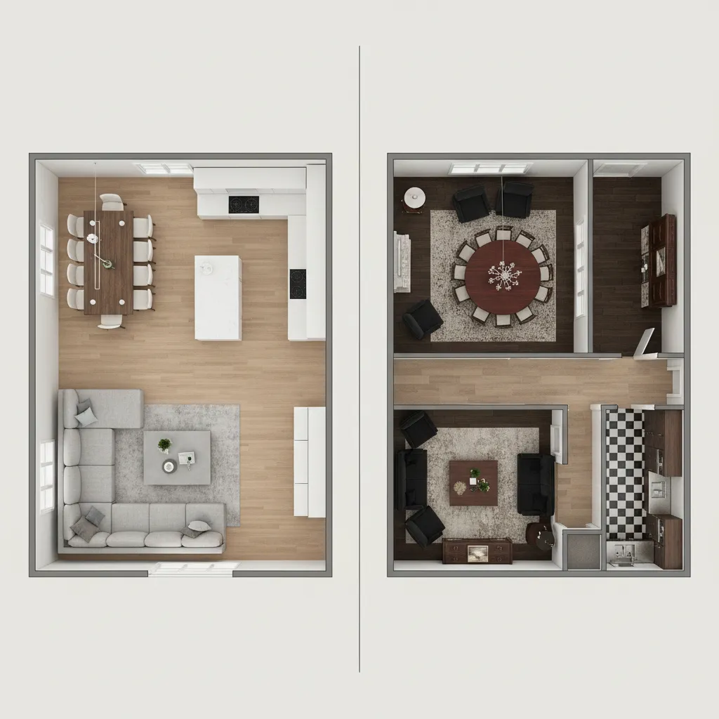 Interior layout comparison showing open modern plan and segmented traditional rooms