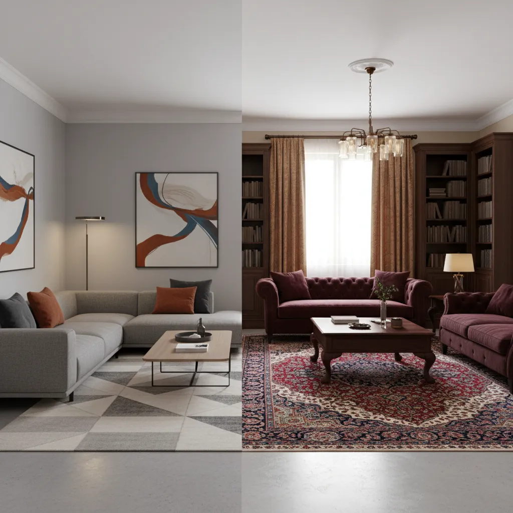 Comparison of modern and traditional red brown grey living room styles