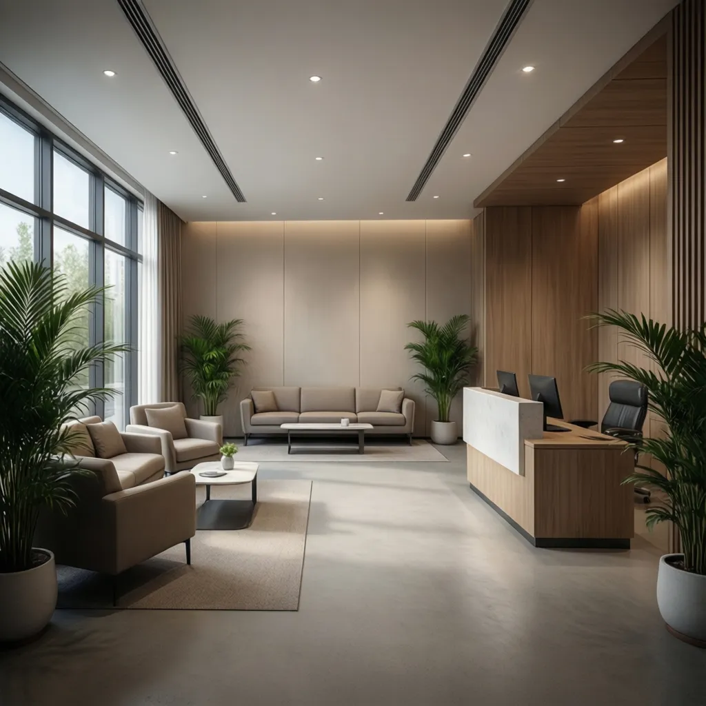 modern waiting room interior with neutral palette and soft lighting