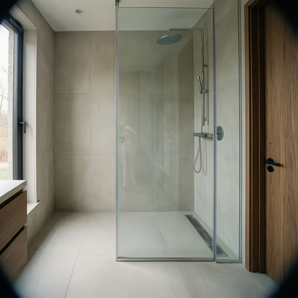 Ducha moderna tipo walk-in con vidrio y azulejos de gran formato