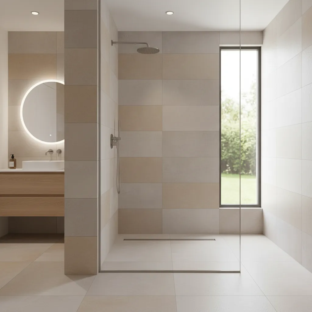 Modern walk in shower floor layout with large tiles and glass wall