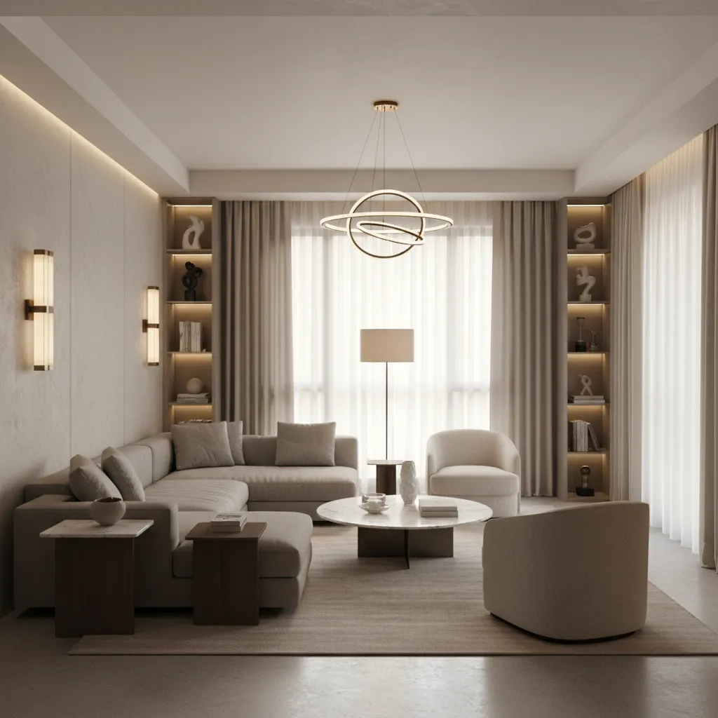 Modern living room with symmetrical wall lamps beside sofa