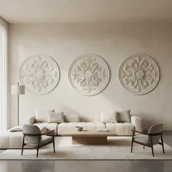 Cream living room with comfortable sofa three round wall designs wooden coffee table and floor lamp