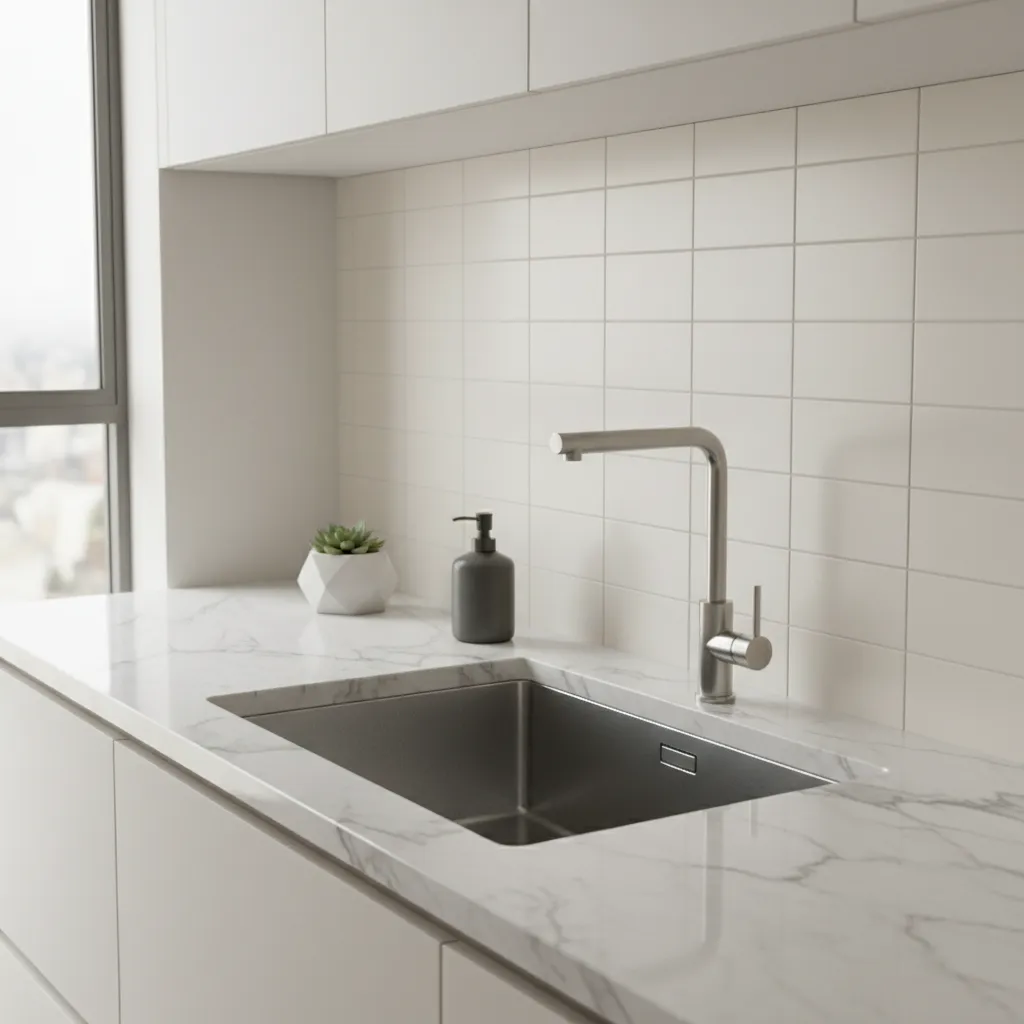 Wall mounted pull out kitchen faucet installed above a deep stainless sink