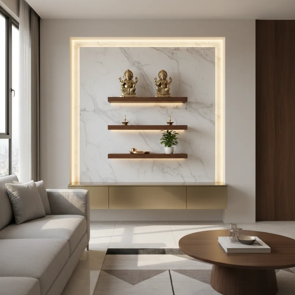 Modern wall mounted pooja unit with marble background