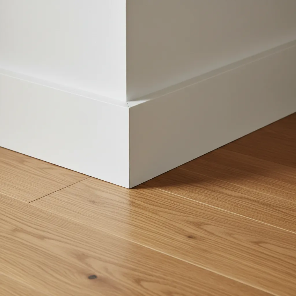 close view of modern wall skirting board meeting wooden floor