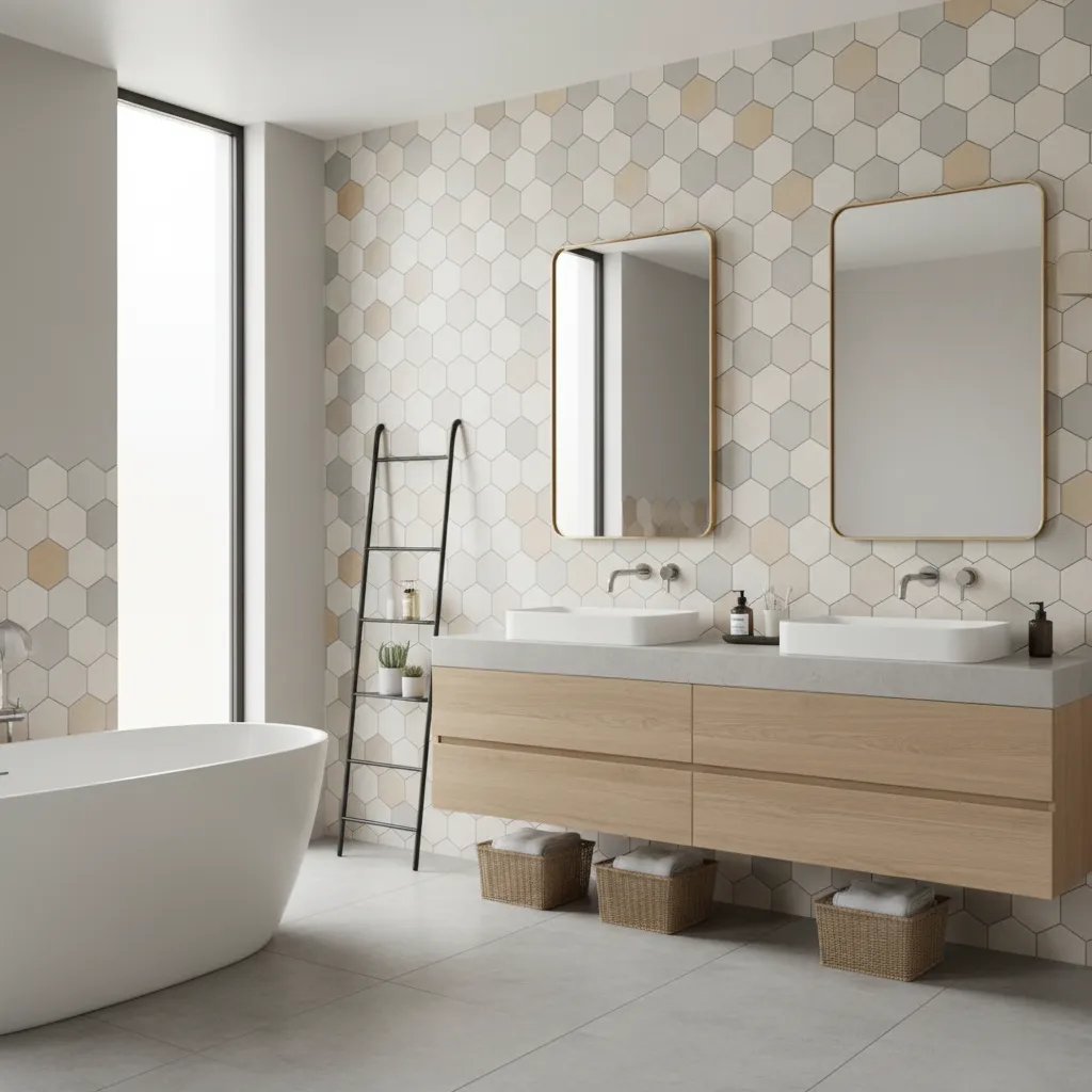 Modern wall with decorative tile layout patterns in a contemporary interior