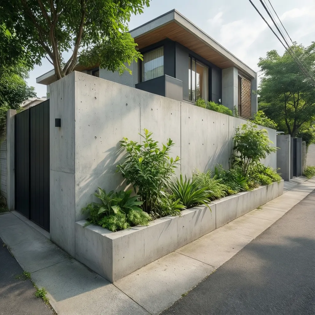 Tapia moderna con jardineras integradas en la base