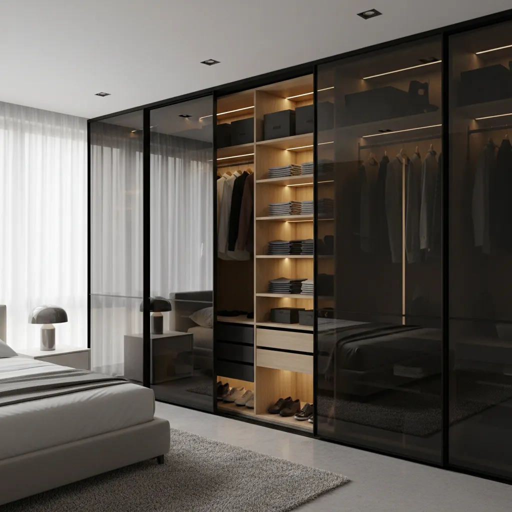 Modern wardrobe system with black mirror sliding panels and aluminum frame
