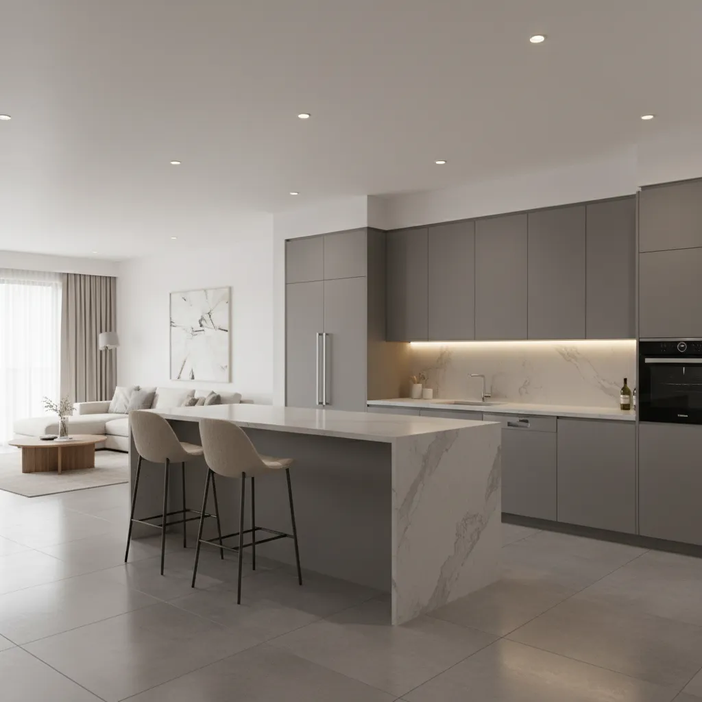 Modern L shaped kitchen with waterfall countertop breakfast bar