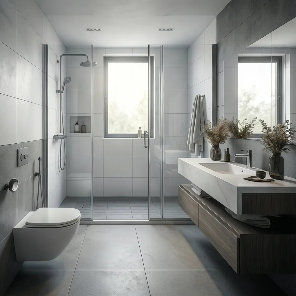 Modern white and gray bathroom interior with large format floor tiles and walk-in shower