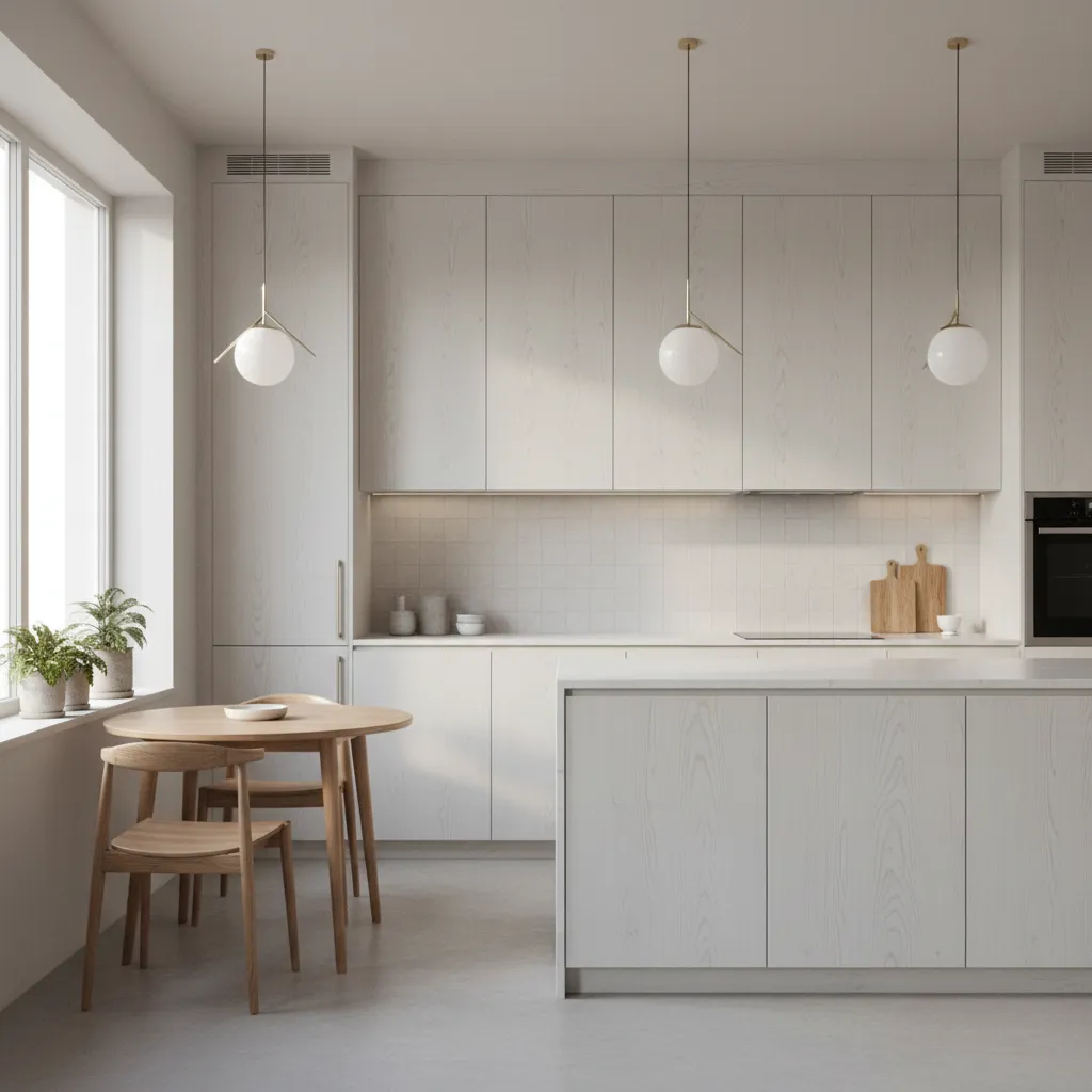 Bright modern kitchen with natural white oak cabinets and neutral countertops