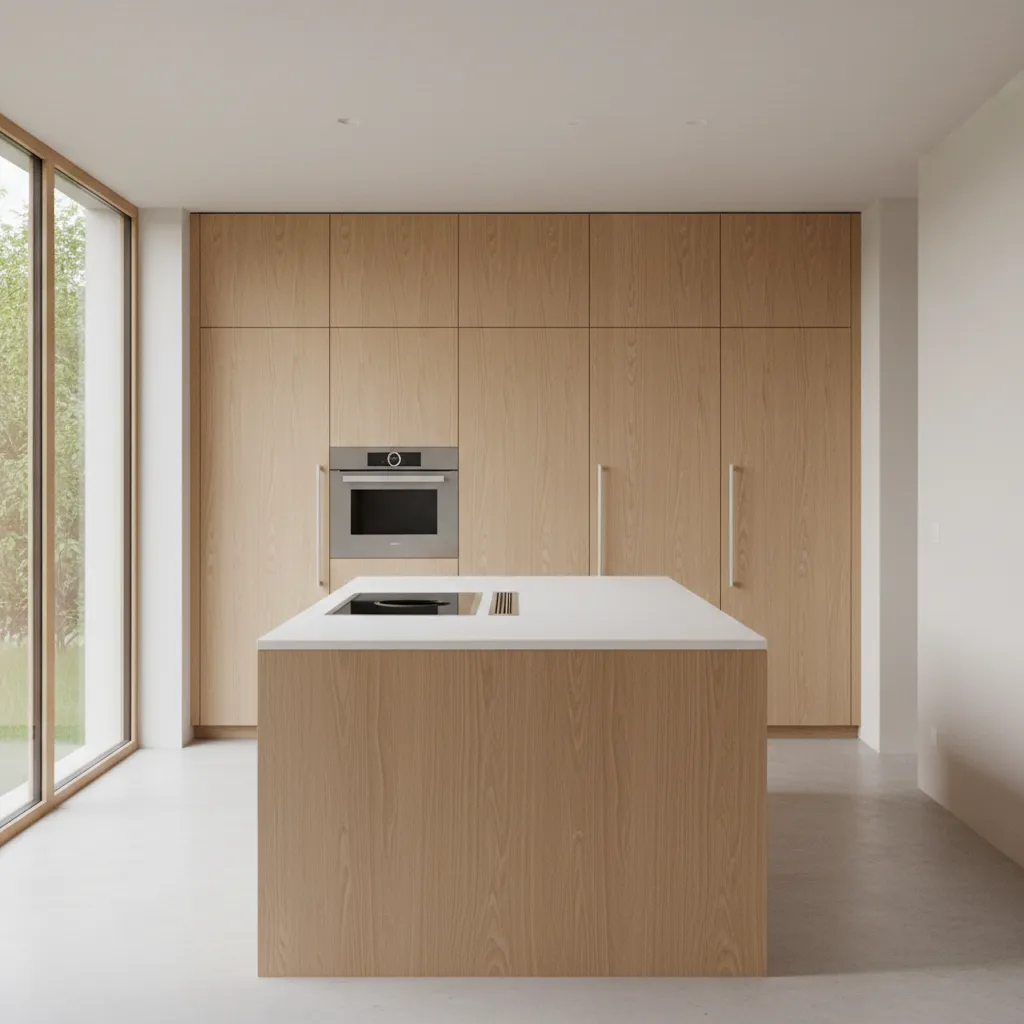 Modern kitchen interior with flat panel white oak cabinets and large island