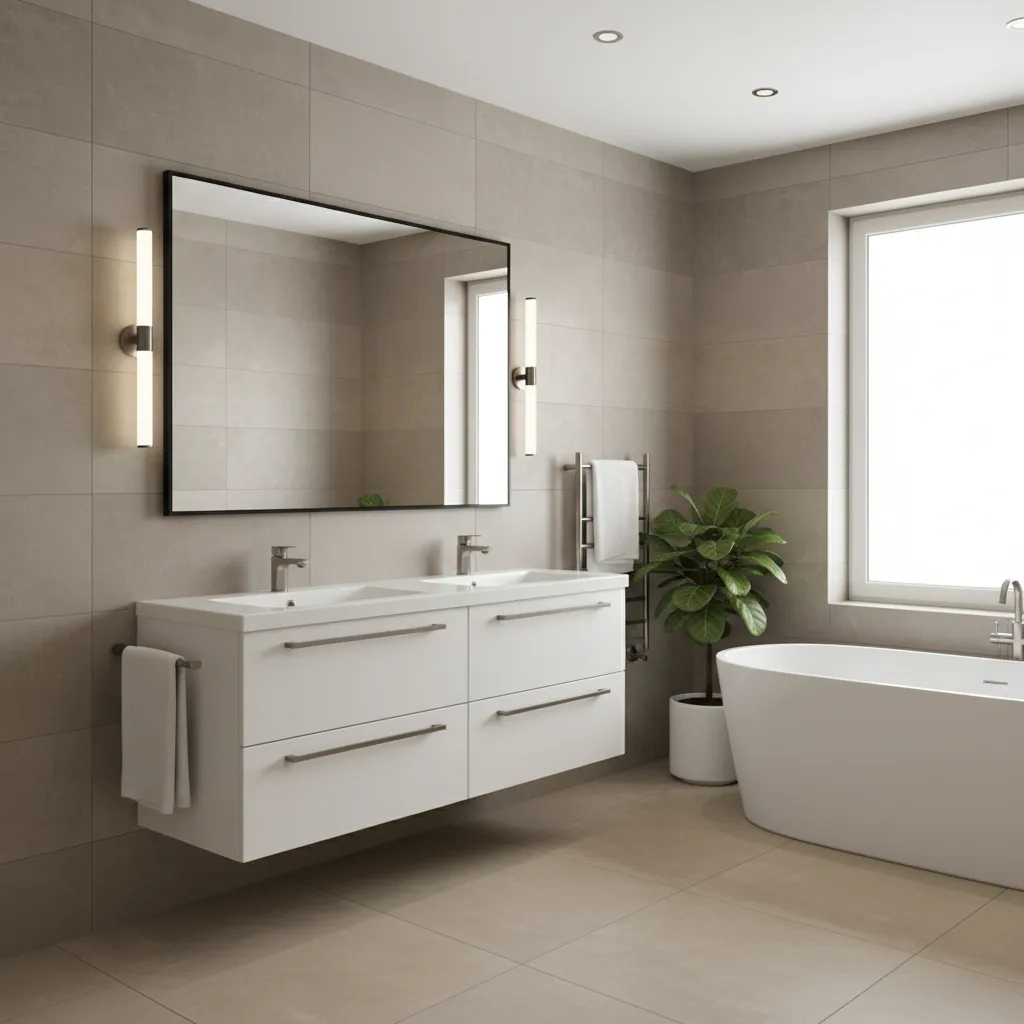 Contemporary bathroom with white vanity and modern tile backdrop