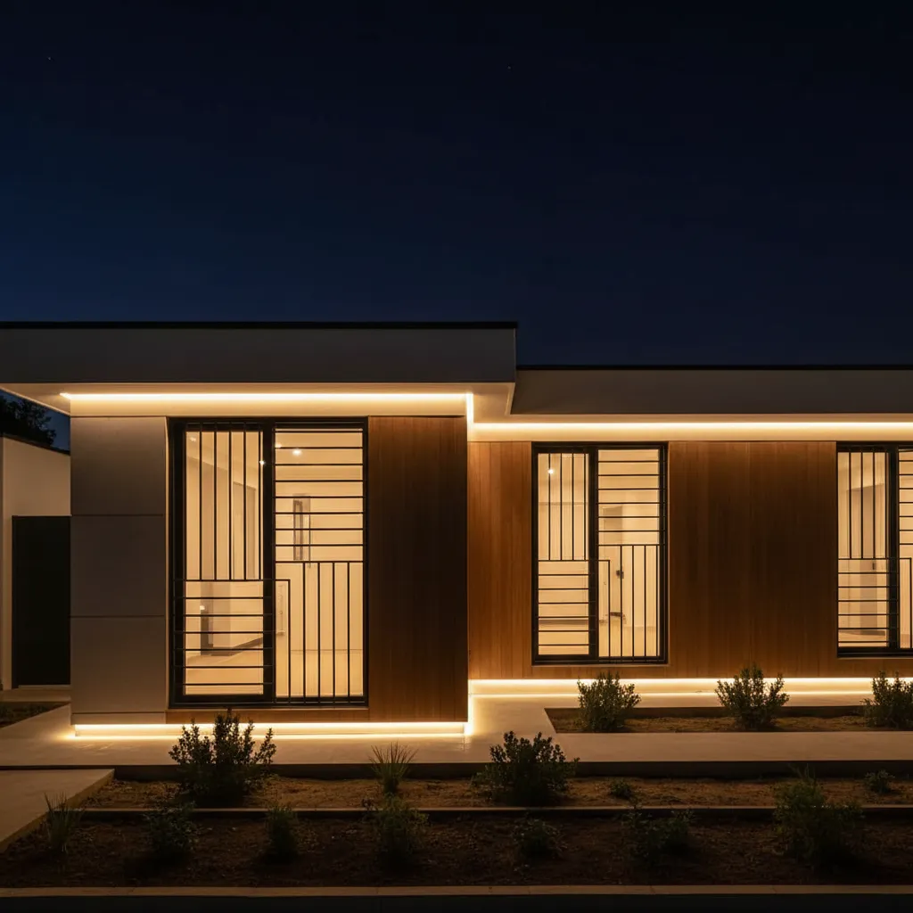 Rejas modernas con iluminación exterior en fachada de casa