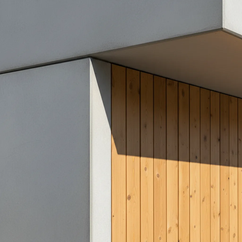 Close up detail of modern wood siding and concrete exterior wall