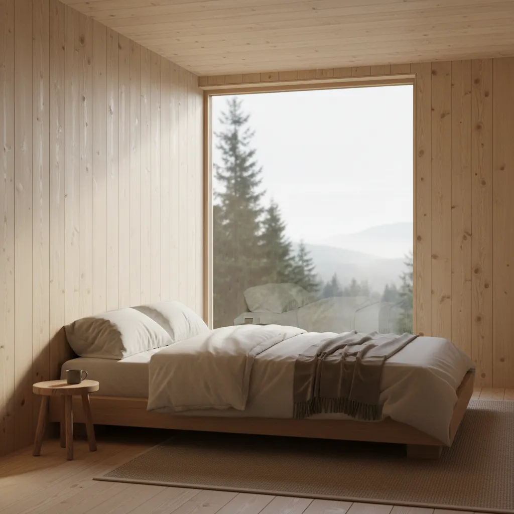 Dormitorio minimalista en casa de madera con decoración simple