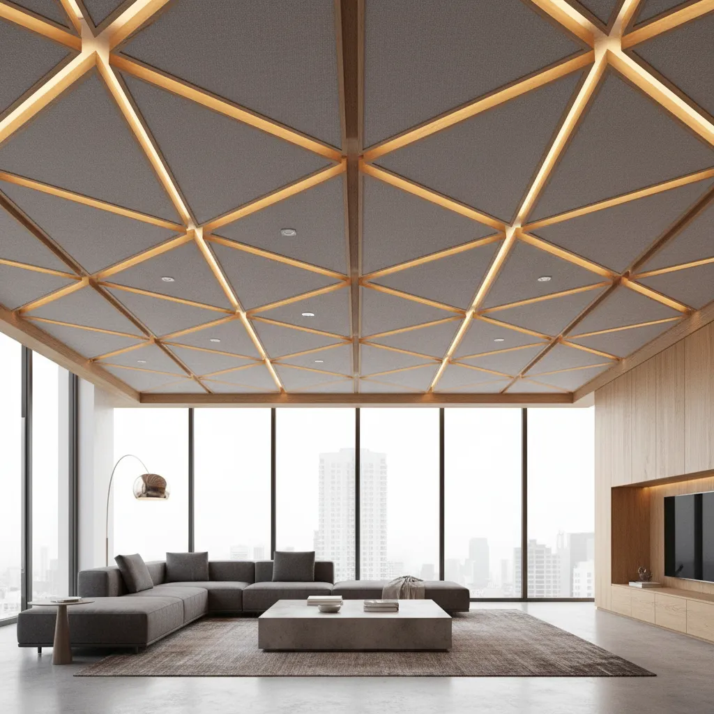 Diseño moderno de techo de madera con módulos acústicos decorativos