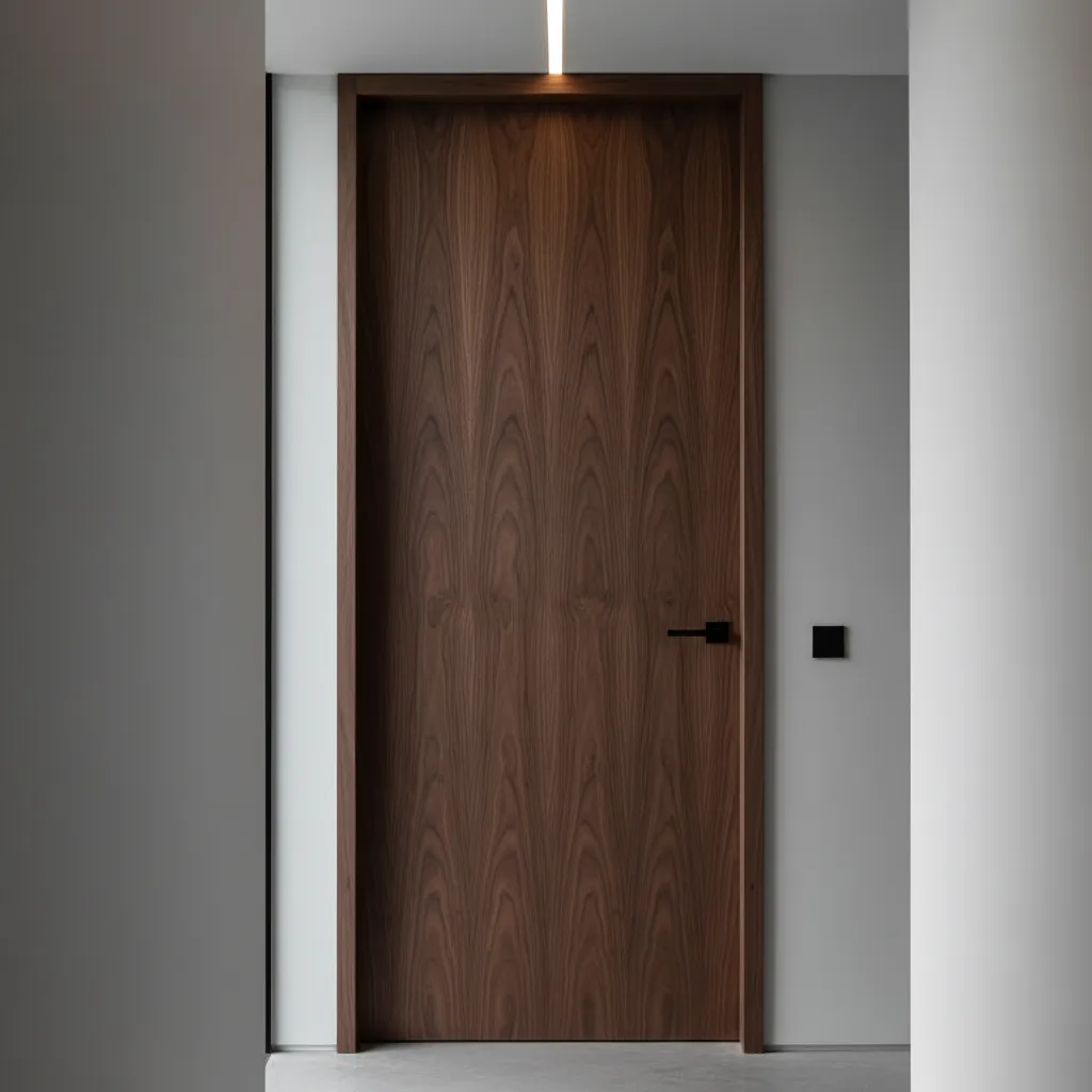 Detalle de tirador moderno en puerta de madera para dormitorio
