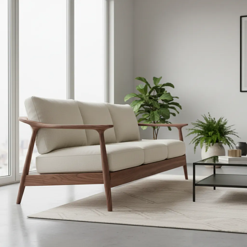 Dark wood frame sofa with beige cushions placed on a rug near the large windows