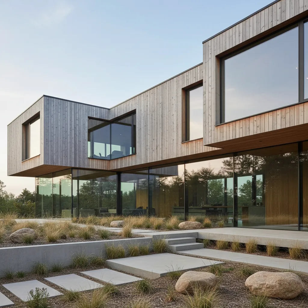 Exterior de casa de madera moderna con fachada minimalista